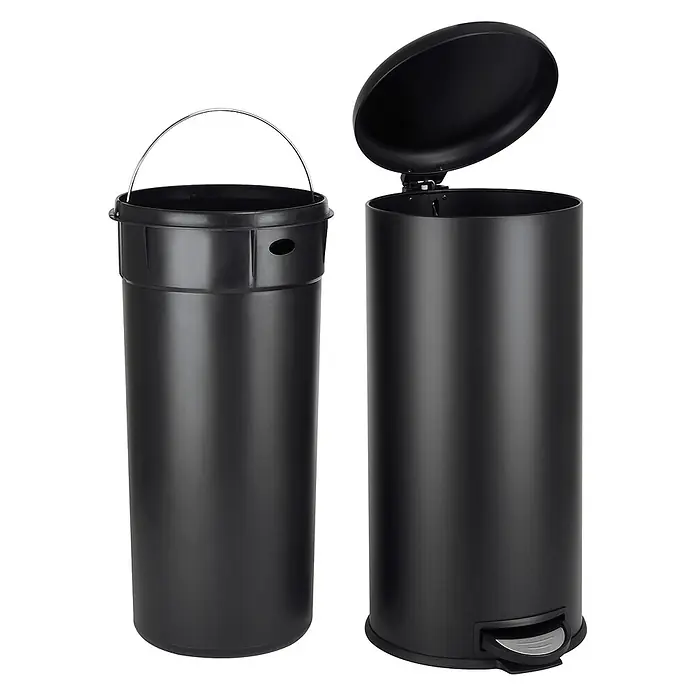 SVITA Treteimer T30 - 30 l, Metall, Weiß - Zwei matte schwarze zylindrische Mülleimer. Einer zeigt den Inneneimer mit Griff, der andere hat einen offenen Deckel mit Fußpedal.