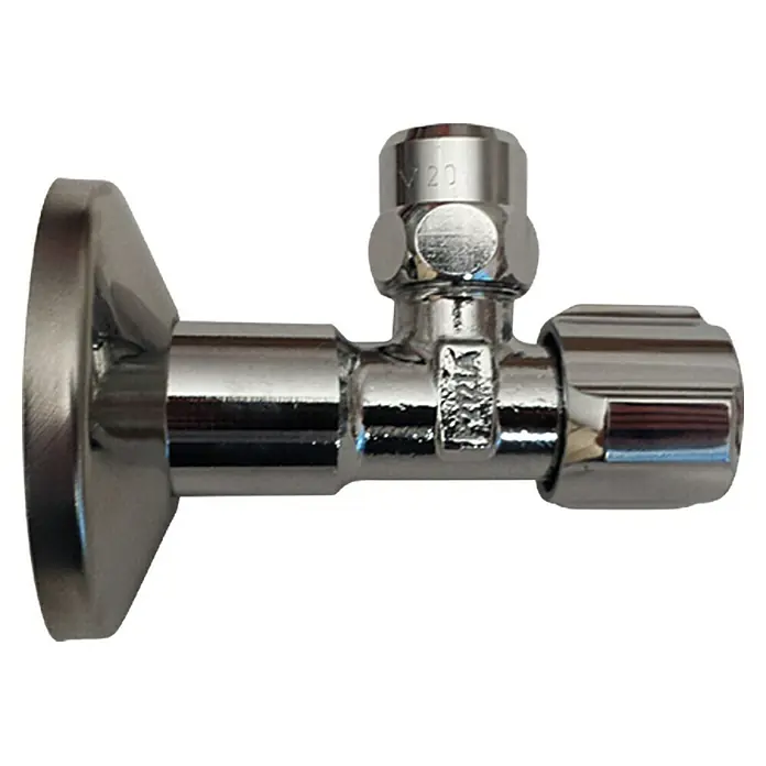 Schell Eckventil Comfort 4907 - ½″, Verchromt - Ein verchromtes Eckventil mit geriffelter Griffkappe und Wandflansch, ideal für Badezimmerarmaturen.