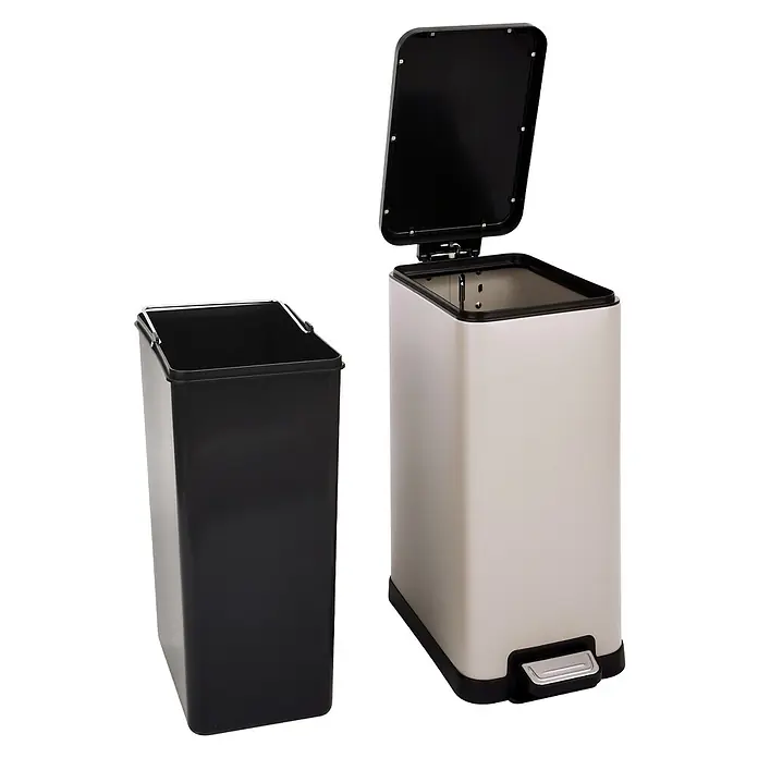SVITA Treteimer STM15 - 15 l, Metall, Beige - Rechteckiger silberfarbener Treteimer mit offenem Deckel und separatem schwarzen Inneneimer.