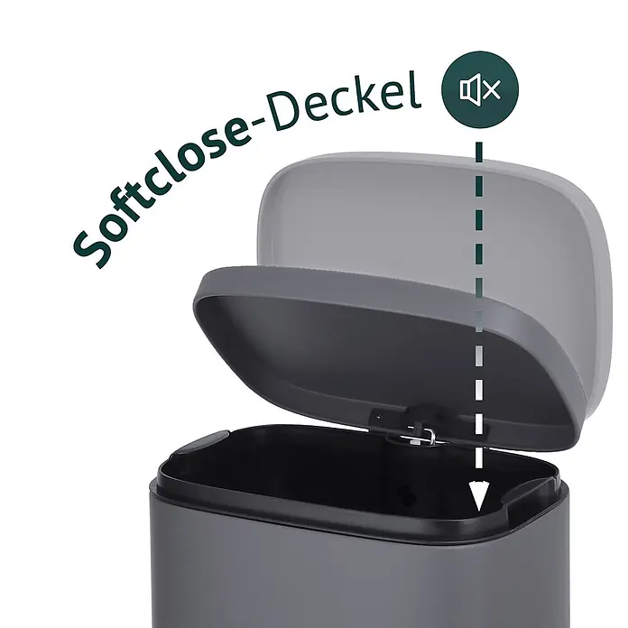 SVITA Treteimer TQ30 - 30 l, Metall, Grau - Grauer Abfalleimer mit offenem Deckel, der die leise Softclose-Funktion demonstriert.
