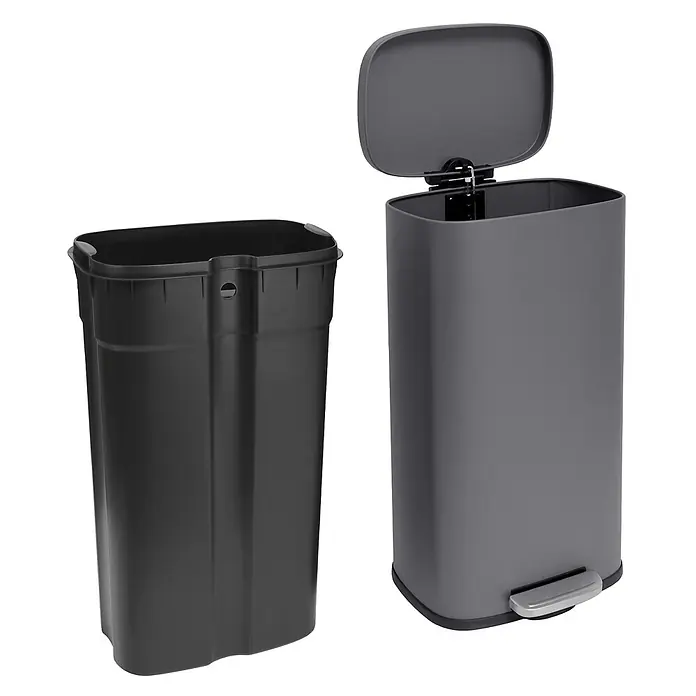 SVITA Treteimer TQ30 - 30 l, Metall, Grau - Dunkelgrauer rechteckiger Treteimer mit geöffnetem Deckel, der seinen herausnehmbaren schwarzen Inneneimer zeigt.