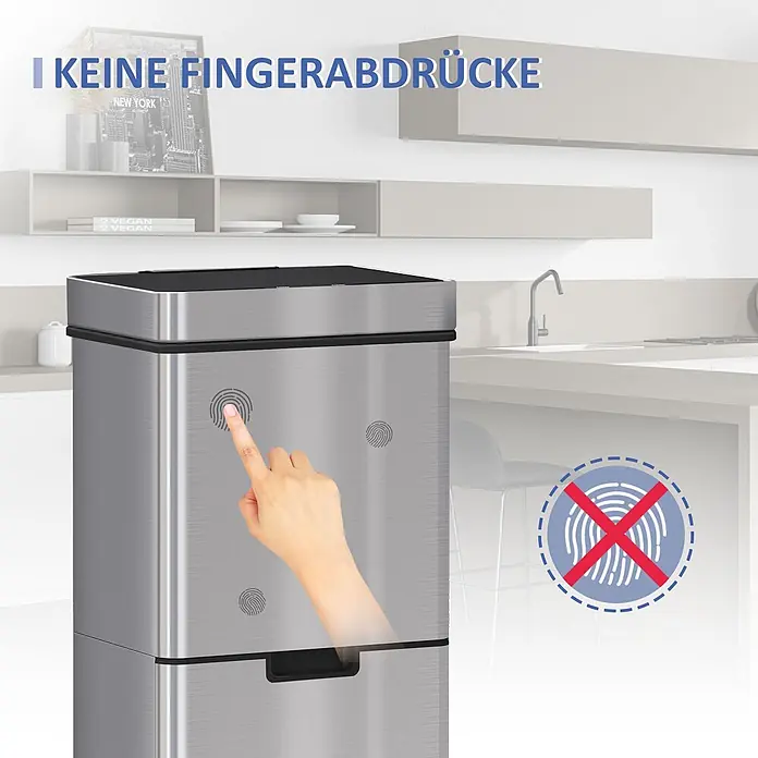 Homcom Sensormülleimer - 72 l, Edelstahl, Silber - Fingerabdruckresistenter Abfalleimer aus gebürstetem Edelstahl in einer Küche, von einer Hand berührt.