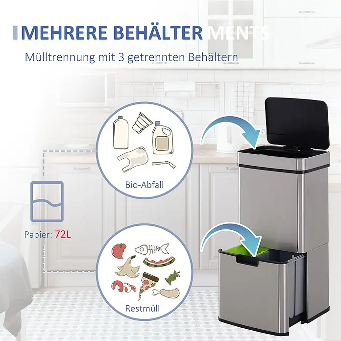 Homcom Sensormülleimer - 72 l, Edelstahl, Silber - Edelstahl-Mülleimer mit 3 Fächern zur effizienten Mülltrennung von Bio-, Rest- und Papierabfall.