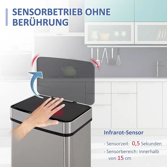 Homcom Sensormülleimer - 72 l, Edelstahl, Silber - Mülleimer aus Edelstahl mit schwarzem Deckel, der sich per Infrarotsensor automatisch öffnet, während eine Hand darüber schwebt.