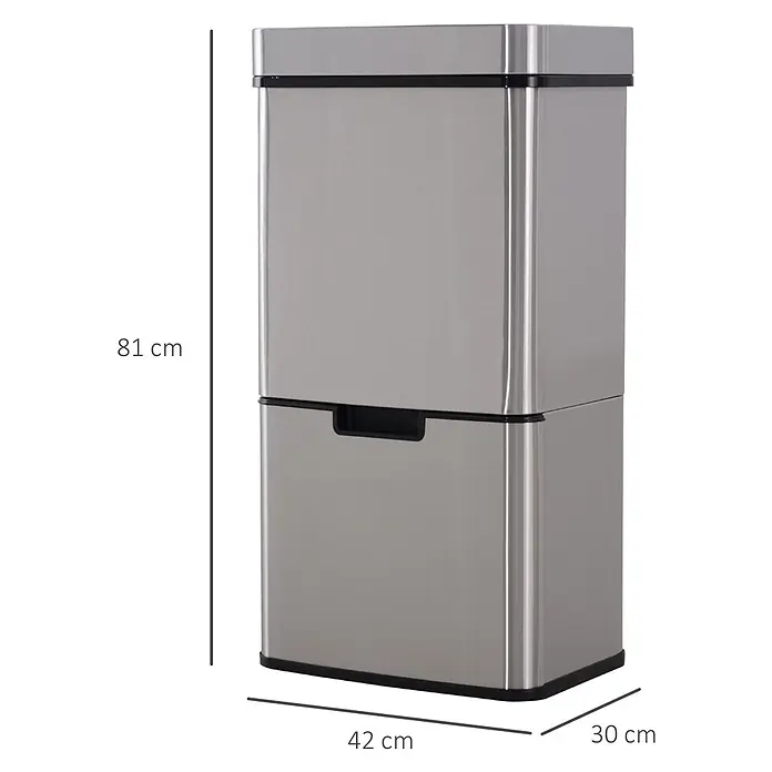 Homcom Sensormülleimer - 72 l, Edelstahl, Silber - Zweifach stapelbarer Edelstahl-Mülleimer zur Mülltrennung, Maße 81x42x30 cm.