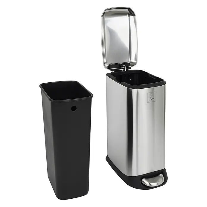 SVITA Treteimer TS12 - 12 l, Metall, Silber - Edelstahl-Treteimer mit geöffnetem Deckel und daneben gezeigtem herausnehmbarem schwarzen Kunststoffeinsatz.