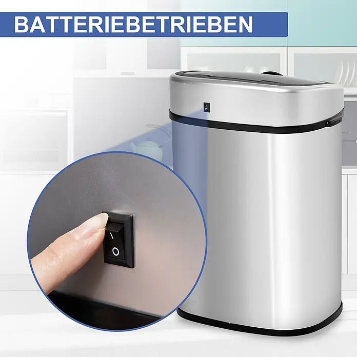 Homcom Sensormülleimer - 58 l, Edelstahl, Silber - Batteriebetriebener Edelstahl-Abfalleimer mit schwarzem Deckel, ein Finger drückt den Ein-/Ausschalter.