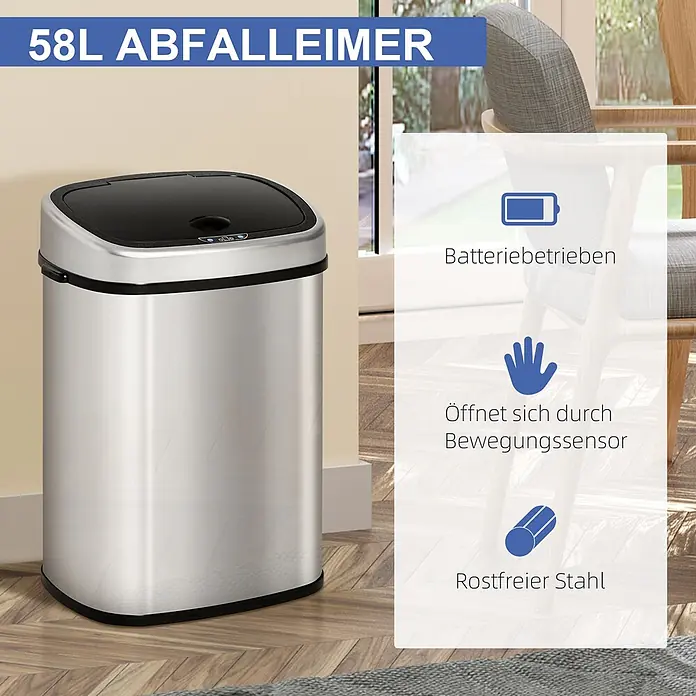 Homcom Sensormülleimer - 58 l, Edelstahl, Silber - Großer 58L Mülleimer aus rostfreiem Stahl, batteriebetrieben und mit Bewegungssensor, in einem Wohnraum.