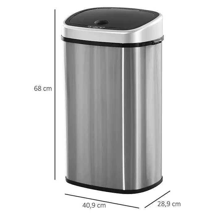 Homcom Sensormülleimer - 58 l, Edelstahl, Silber - Automatischer Sensor-Abfalleimer aus Edelstahl mit schwarzem Deckel und Abmessungen.