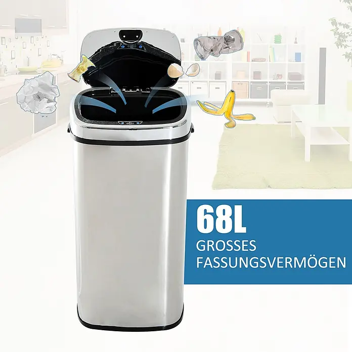 Homcom Sensormülleimer - 68 l, Edelstahl, Silber - Hoher, automatischer Mülleimer aus Edelstahl mit offenem Deckel, Müll wird hineingeworfen. Zeigt 68L großes Fassungsvermögen.