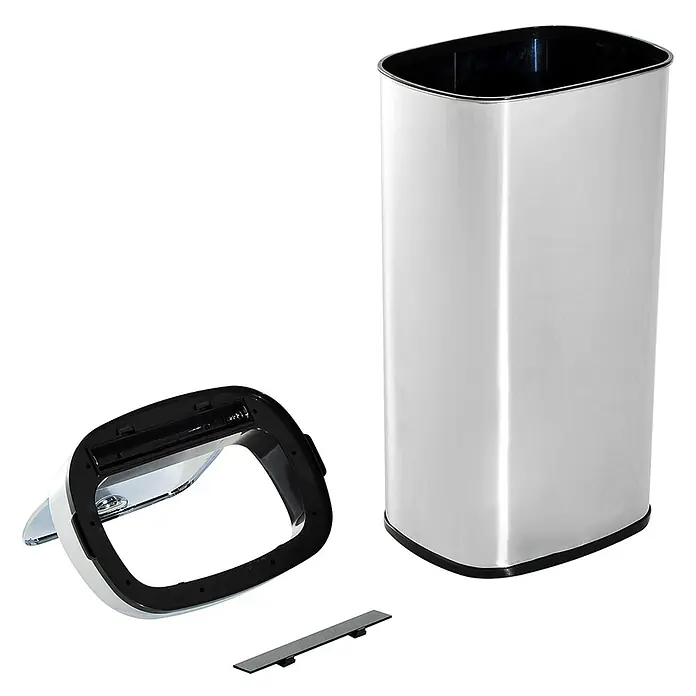 Homcom Sensormülleimer - 68 l, Edelstahl, Silber - Zerlegter rechteckiger Edelstahl-Mülleimer mit schwarzem Deckel, der sein Batteriefach und eine separate Batterieabdeckung zeigt.