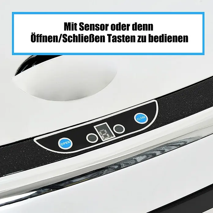 Homcom Sensormülleimer - 68 l, Edelstahl, Silber - Weißer, chromfarbener Mülleimerdeckel mit schwarzem Bedienfeld, Sensor und "Öffnen"/"Schließen"-Tasten.