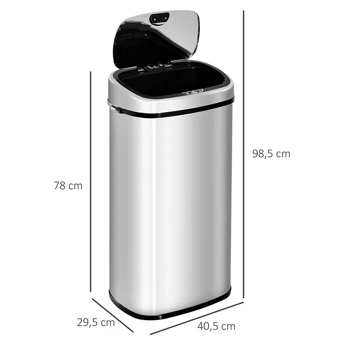 Homcom Sensormülleimer - 68 l, Edelstahl, Silber - Automatischer Abfalleimer aus Edelstahl mit offenem Deckel.