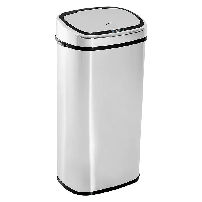Homcom Sensormülleimer - 68 l, Edelstahl, Silber - Rechteckiger Abfalleimer aus Edelstahl mit schwarzer Zierleiste und blauen Sensorleuchten am Automatikdeckel.
