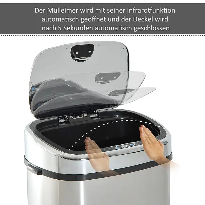 Homcom Sensormülleimer - 68 l, Edelstahl, Silber - Edelstahl-Abfalleimer mit Infrarot-Sensor. Der Deckel öffnet sich automatisch und schließt nach 5 Sekunden.