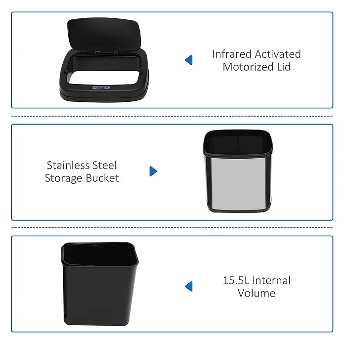Homcom Sensormülleimer 1-teilig - 20 l, Edelstahl, Silber - Intelligenter Mülleimer mit schwarzem, infrarot-aktiviertem Deckel, Edelstahl-Außengehäuse und 15,5L schwarzem Innenbehälter.