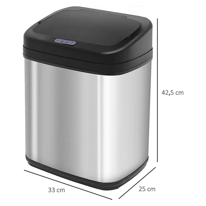 Homcom Sensormülleimer 1-teilig - 20 l, Edelstahl, Silber - Silberner Edelstahl-Mülleimer mit schwarzem Automatikdeckel und Bedienfeld.