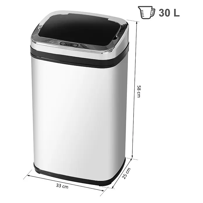 Homcom Sensormülleimer - 30 l, Edelstahl, Silber - Silberner Edelstahl-Mülleimer mit schwarzem und verchromtem Automatikdeckel. Misst 58x33x25 cm und fasst 30 L.