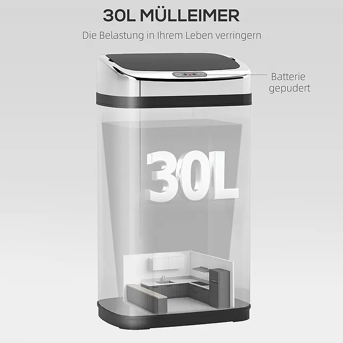 Homcom Sensormülleimer - 30 l, Edelstahl, Silber - Ein 30L Automatik-Mülleimer mit verchromtem und schwarzem Deckel und transparentem Gehäuse, zeigt eine Miniaturküche zur Kapazitätsveranschaulichung.