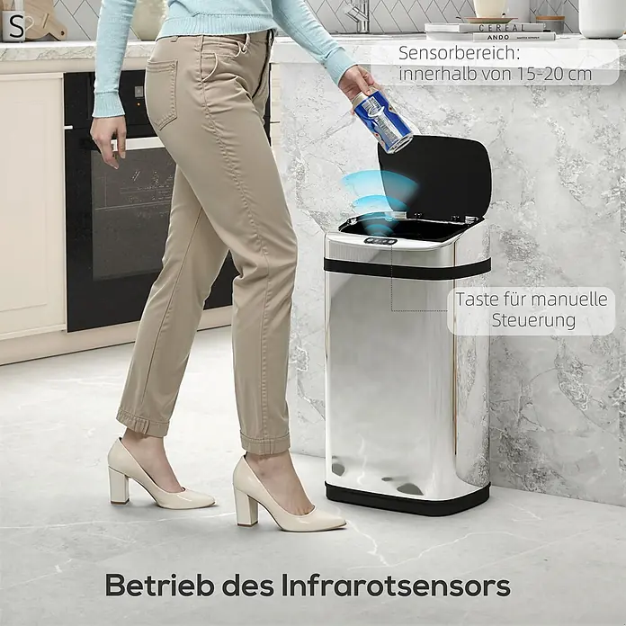 Homcom Sensormülleimer - 30 l, Edelstahl, Silber - Edelstahl-Mülleimer mit Infrarotsensor. Eine Frau wirft eine Dose ein und demonstriert die automatische Öffnung.
