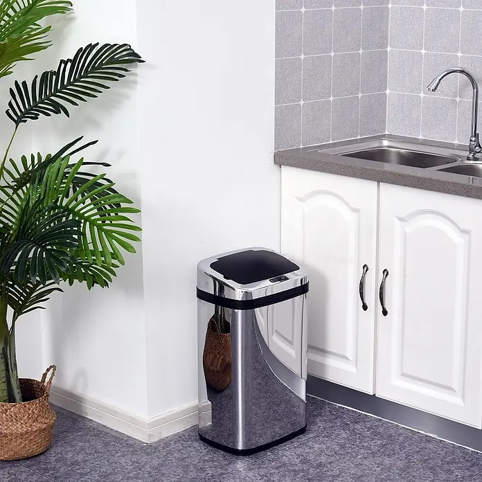 Homcom Sensormülleimer - 30 l, Edelstahl, Silber - Edelstahl Automatik-Mülleimer mit schwarzem Deckel.