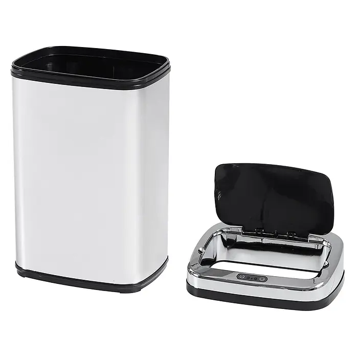 Homcom Sensormülleimer - 30 l, Edelstahl, Silber - Silberner Edelstahl-Mülleimer mit separatem schwarzem automatischem Sensor-Deckel, geöffnet dargestellt.