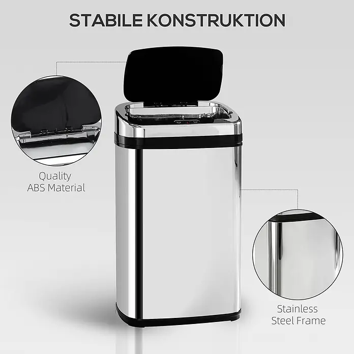 Homcom Sensormülleimer - 30 l, Edelstahl, Silber - Silberner Edelstahl-Mülleimer mit offenem schwarzem ABS-Deckel, stabile Konstruktion.
