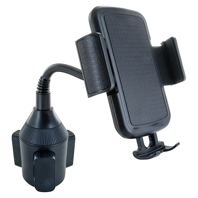 Schwaiger Handyhalter zur Befestigung im Becherhalter - Schwarz - Schwarze Auto-Handyhalterung mit flexiblem Schwanenhals und verstellbarer Halterung für Getränkehalter.