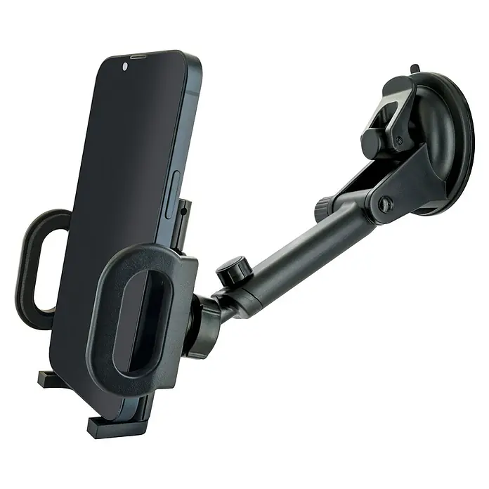 Schwaiger Handyhalter für die Windschutzscheibe - Schwarz - Schwarzer, verstellbarer Auto-Handyhalter mit Saugnapf, der ein schwarzes Smartphone hält.