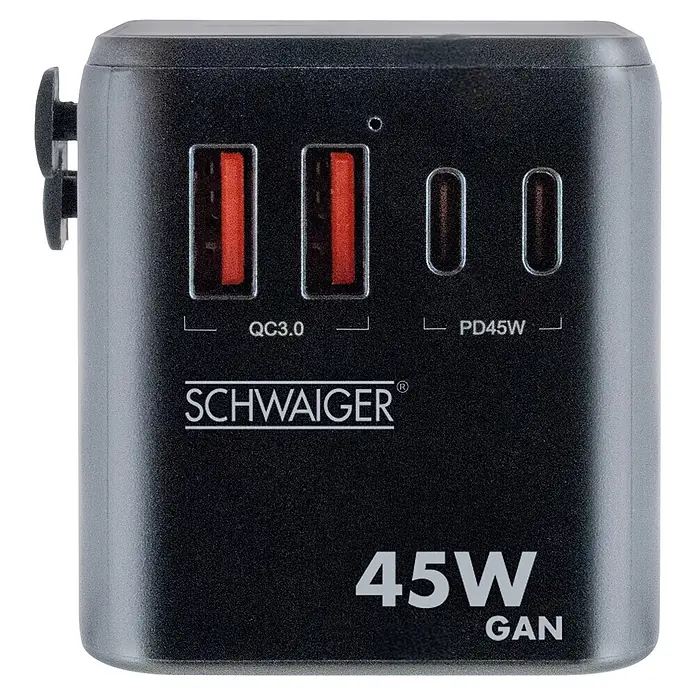 Schwaiger Reiseadapter All-in-One Weltreiseadapter - Schwarz - Schwarzes 45W GaN-Netzteil mit zwei QC3.0- und zwei PD45W-USB-Anschlüssen, mit SCHWAIGER-Logo.