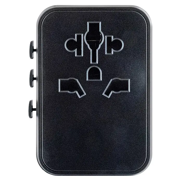 Schwaiger Reiseadapter All-in-One Weltreiseadapter - Schwarz - Schwarzer Universal-Reiseadapter mit verschiedenen internationalen Steckdosen für weltweite Kompatibilität.