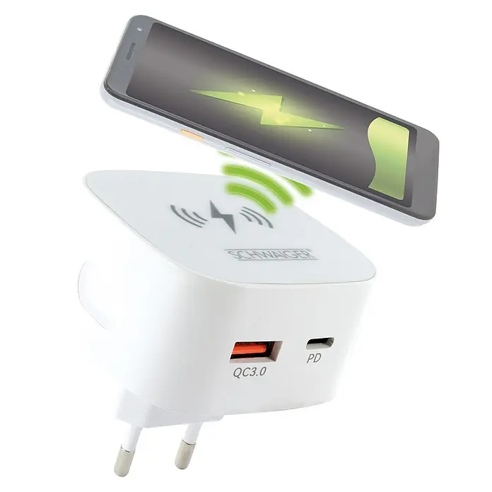 Schwaiger USB-Ladeadapter 230V USB-A, USB-C mit integrierter Qi-Wireless-Ladeoberfläche - Weiß - Weißes Wandladegerät mit QC3.0- und PD-Anschlüssen lädt ein Smartphone kabellos auf. Grüne Blitz- und Wellensymbole zeigen den Ladevorgang an.