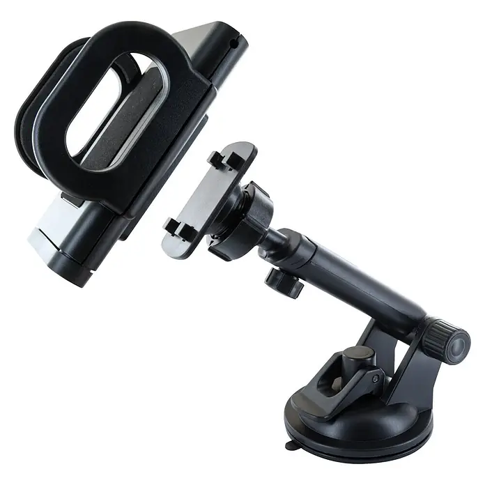 Schwaiger Handyhalter für die Windschutzscheibe - Schwarz - Schwarzer Kunststoff-Autotelefonhalter mit verstellbarem Arm und Saugnapfhalterung.