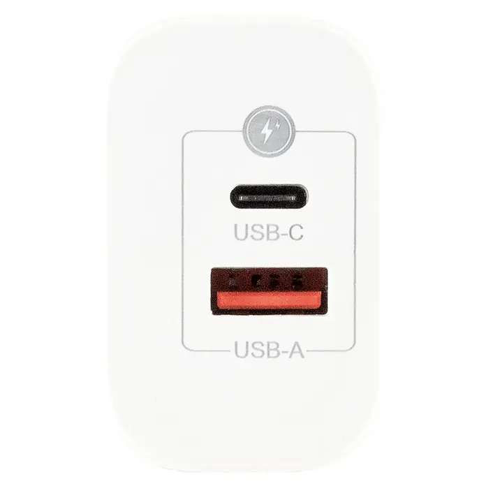 Schwaiger USB-Ladeadapter USB-A, USB-C - Weiß - Weißes USB-Ladegerät mit einem USB-C- und einem roten USB-A-Anschluss und Blitzsymbol.