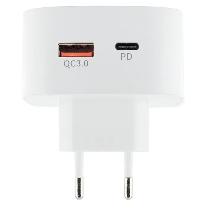 Schwaiger USB-Ladeadapter 230V USB-A, USB-C mit integrierter Qi-Wireless-Ladeoberfläche - Weiß - Weißes USB-Ladegerät mit QC3.0 USB-A und PD USB-C Anschlüssen, mit europäischem Stecker.