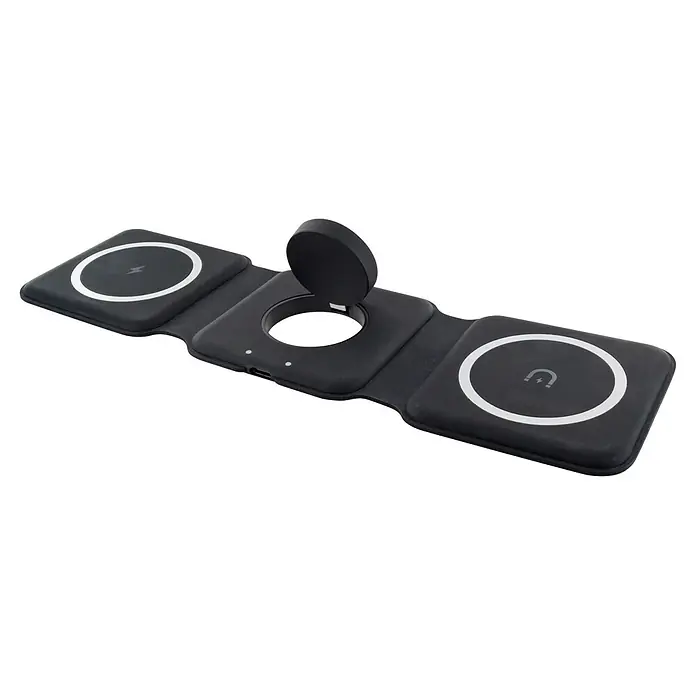 Schwaiger Ladestation 3-in-1 Ladestation - Schwarz - Klappbares schwarzes kabelloses Ladegerät mit drei Ladeflächen, davon eine aufrecht für Smartwatches und zwei flach für Handys/Ohrhörer.