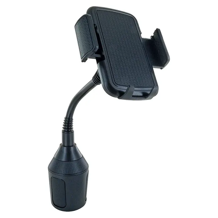 Schwaiger Handyhalter zur Befestigung im Becherhalter - Schwarz - Schwarze Auto-Handyhalterung mit flexiblem Schwanenhals und verstellbarer Halterung für Becherhaltermontage.