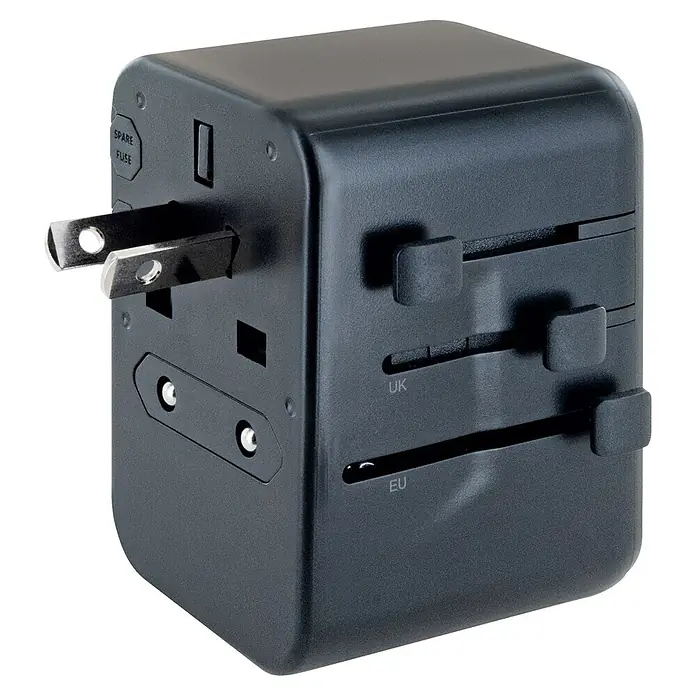 Schwaiger Reiseadapter All-in-One Weltreiseadapter - Schwarz - Schwarzer Universal-Reiseadapter mit ausgefahrenem US-Stecker, UK- und EU-Steckeroptionen und Ersatzsicherungsfach.