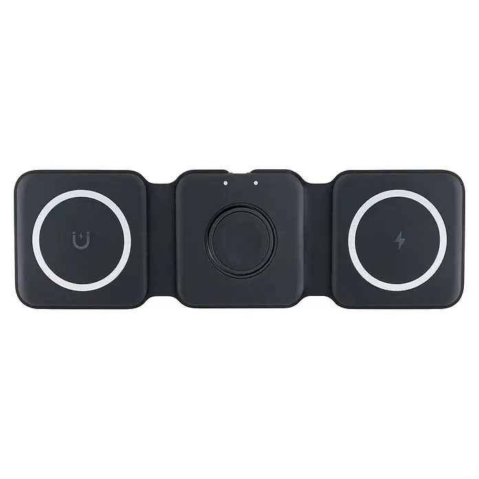 Schwaiger Ladestation 3-in-1 Ladestation - Schwarz - Schwarzes faltbares 3-in-1-Wireless-Ladepad mit drei Ladeflächen, inklusive Uhrenladegerät.