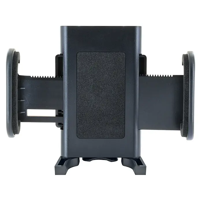 Schwaiger Handyhalter für die Windschutzscheibe - Schwarz - Schwarze, verstellbare Gerätehalterung aus Kunststoff mit strukturierter Greiffläche und Zahnradmechanismus zur Breitenanpassung.
