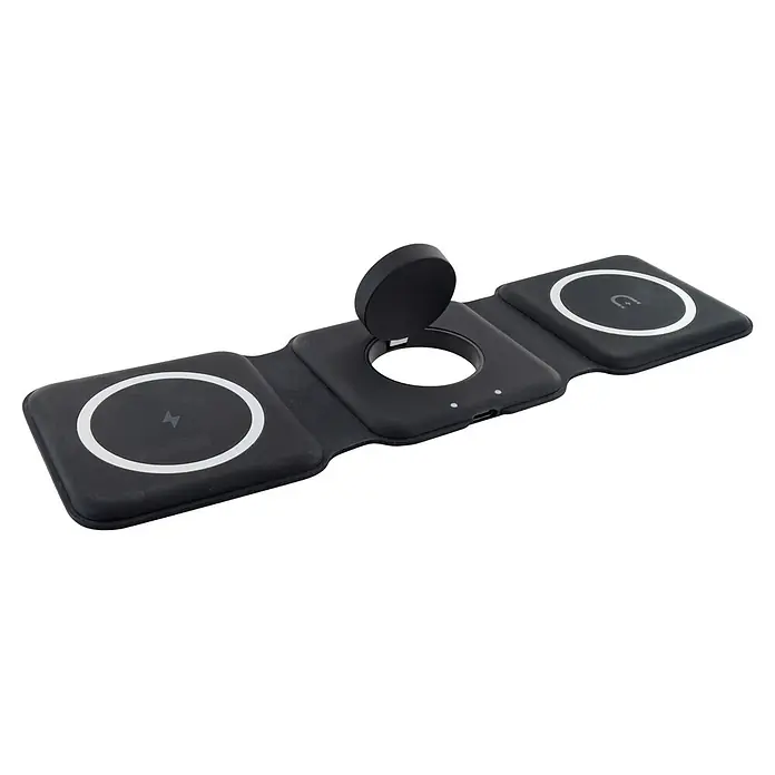Schwaiger Ladestation 3-in-1 Ladestation - Schwarz - Schwarzes faltbares kabelloses Ladegerät mit drei Ladeflächen, eine davon mit klappbarem Ständer für eine Smartwatch.
