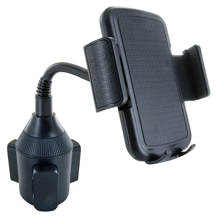 Schwaiger Handyhalter zur Befestigung im Becherhalter - Schwarz - Schwarze Kfz-Getränkehalter-Telefonhalterung mit flexiblem Schwanenhalsarm und verstellbarer Telefonwiege.