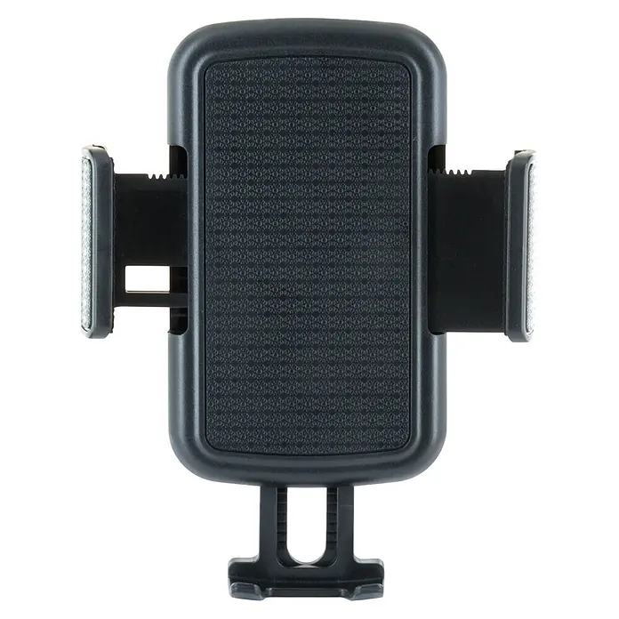 Schwaiger Handyhalter zur Befestigung im Becherhalter - Schwarz - Schwarzer, verstellbarer Handyhalter aus Kunststoff für das Auto, mit Seitengriffen und Bodenstütze.
