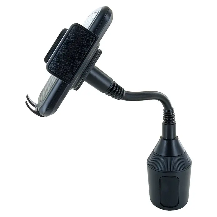 Schwaiger Handyhalter zur Befestigung im Becherhalter - Schwarz - Schwarzer Auto-Telefonhalter mit verstellbarer Halterung, flexiblem Schwanenhals und Getränkehalterbasis.