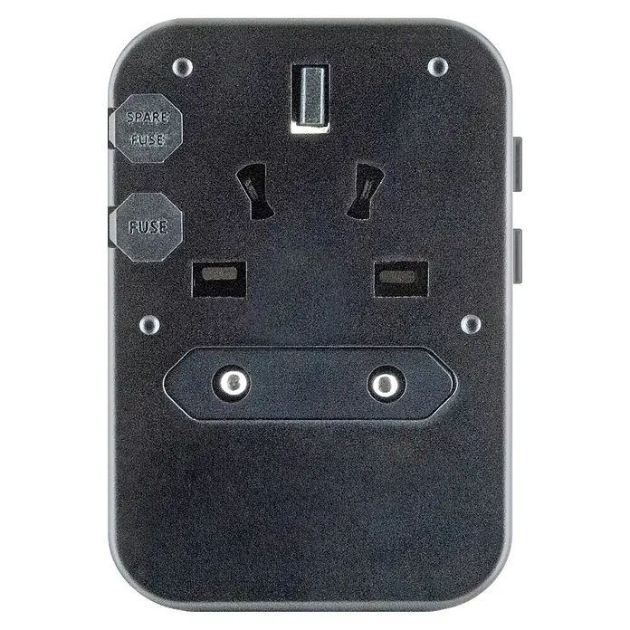 Schwaiger Reiseadapter All-in-One Weltreiseadapter - Schwarz - Dunkelgrauer Universal-Reiseadapter mit verschiedenen internationalen Steckdosen, einem USB-Anschluss und Sicherungsfächern.
