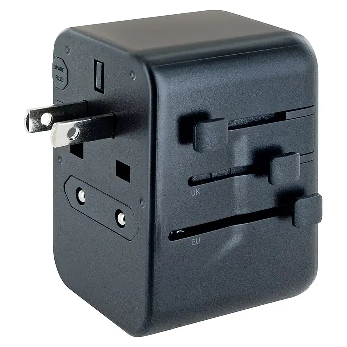 Schwaiger Reiseadapter All-in-One Weltreiseadapter - Schwarz - Schwarzer Universal-Reiseadapter mit ausziehbaren Steckertypen und Ersatzsicherungsfach.