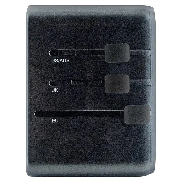 Schwaiger Reiseadapter All-in-One Weltreiseadapter - Schwarz - Schwarzer Universal-Reiseadapter mit Schiebereglern für US/AUS, UK und EU Steckertypen.