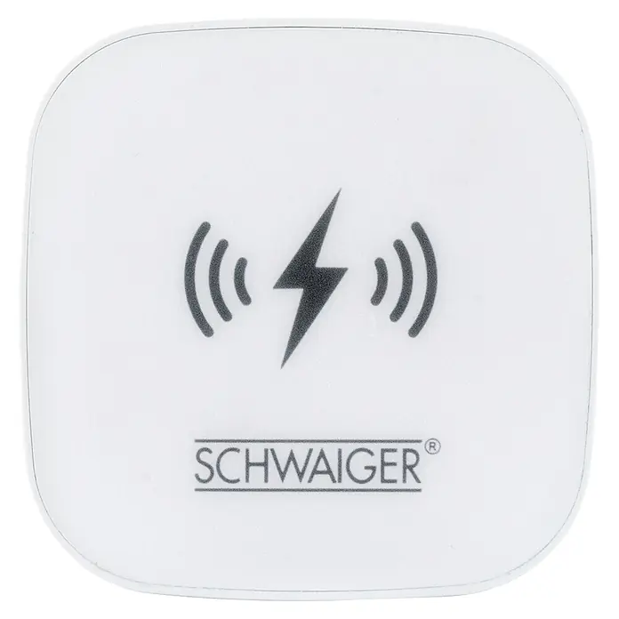Schwaiger USB-Ladeadapter 230V USB-A, USB-C mit integrierter Qi-Wireless-Ladeoberfläche - Weiß - Weißes, quadratisches Wireless-Ladegerät mit abgerundeten Ecken, mit schwarzem Blitz- und Funksignal-Symbolen sowie dem 'SCHWAIGER'-Logo.