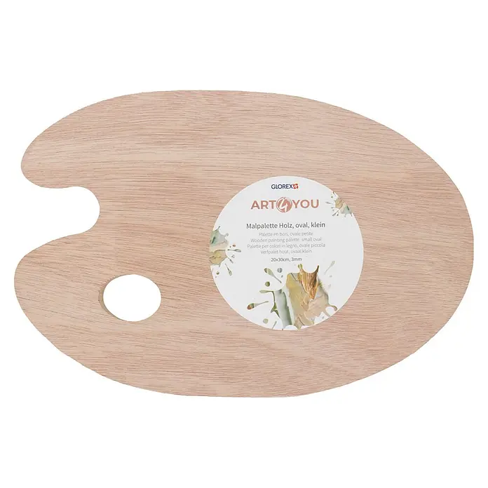 Glorex Keilrahmen Art 4 You Kreativ Set - 30 x 40 x 3 cm, Basic - Ovale Holz-Mischpalette mit Daumenloch und Produktetikett.