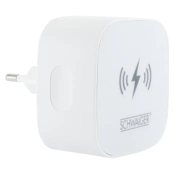 Schwaiger USB-Ladeadapter 230V USB-A, USB-C mit integrierter Qi-Wireless-Ladeoberfläche - Weiß - Weißes quadratisches Wandladegerät mit Eurostecker, Wireless-Charging-Symbol und SCHWAIGER-Logo.